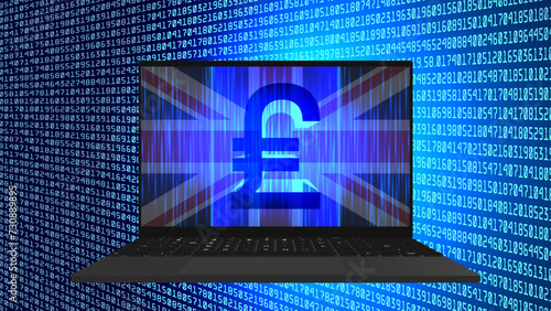 Vector 3D symbol of digital pound of England or Great Britain. Bright glowing high technology financial poster. Mobile computer. Cyber economic virtual space.