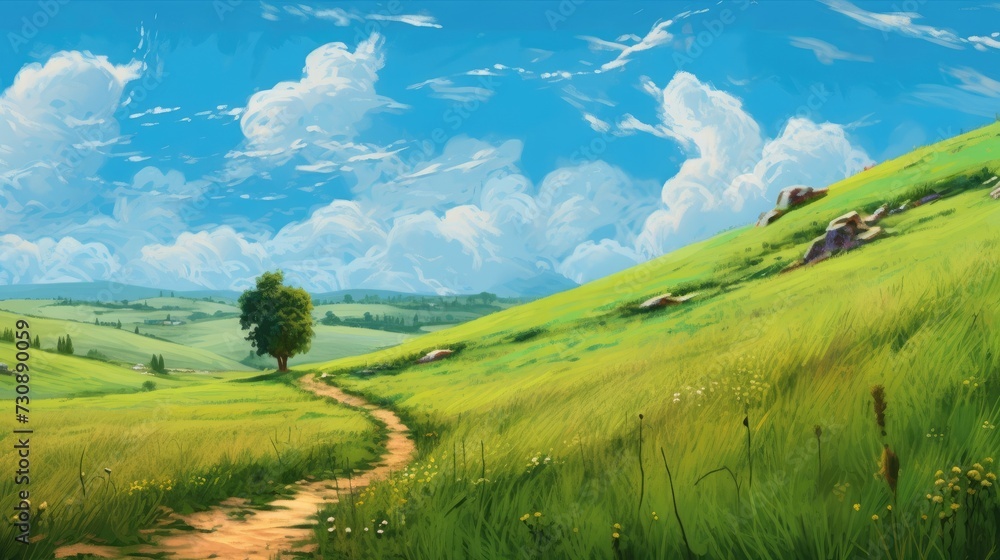 hilly grassy landscape with beautiful blue sky 