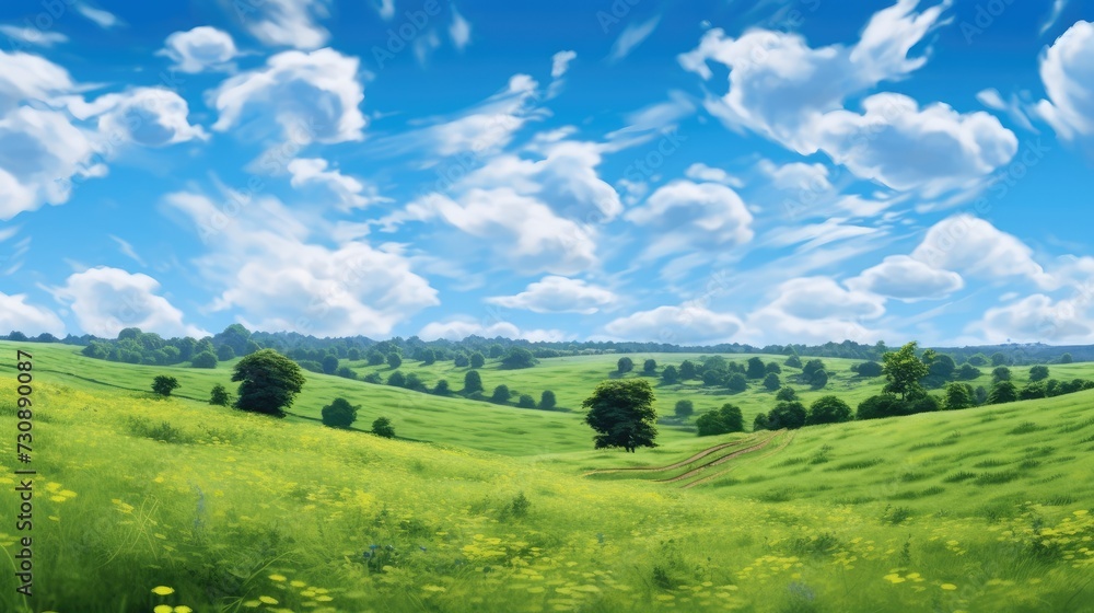 hilly grassy landscape with beautiful blue sky 