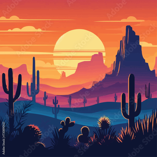 Vector desert sunset silhouette landscape arizona or mexico western cartoon background with wild cactus canyon mountain