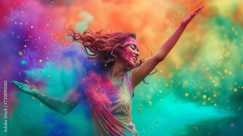A beautiful girl with long hair dances at the Holi festival, covered in colorful powder. photo
