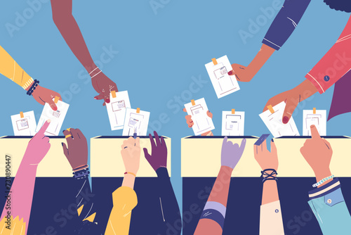 Democratic Process and Civic Duty, Citizens Voting in National Elections, Illustration of Diverse Hands Casting Ballots at Polling Station.