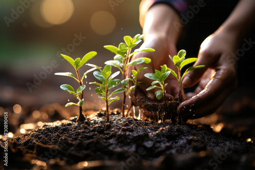 Crop gardener planting seedling in soil photo
