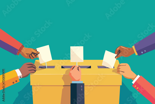 Democratic Process and Civic Duty, Citizens Voting in National Elections, Illustration of Diverse Hands Casting Ballots at Polling Station. photo