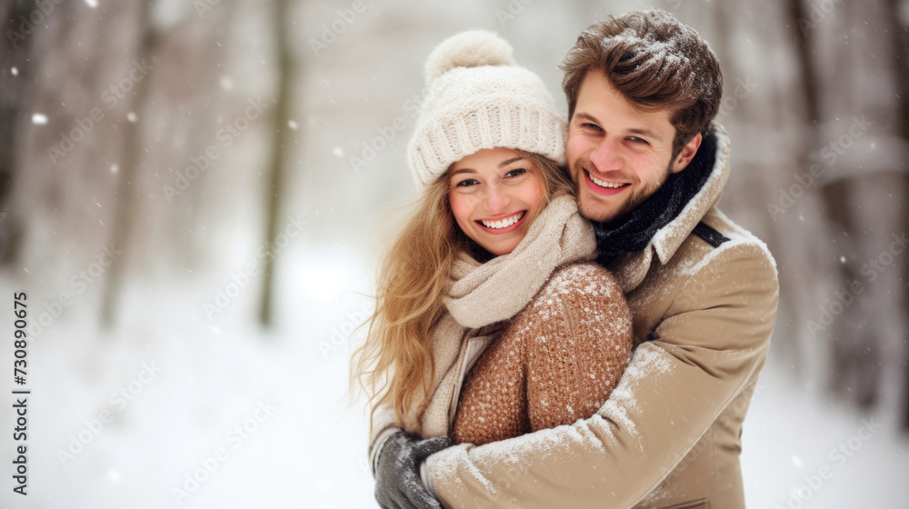 Fototapeta premium Man and Woman Hugging in Snow