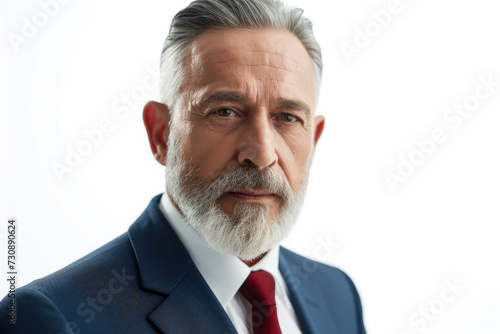  Imposing Senior Executive with a Beard Wearing a Blue Suit and Red Tie on a Plain White Background