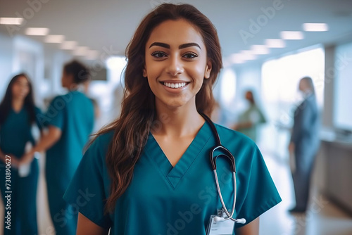 Smiling woman in medical uniform standing in hospital corridor