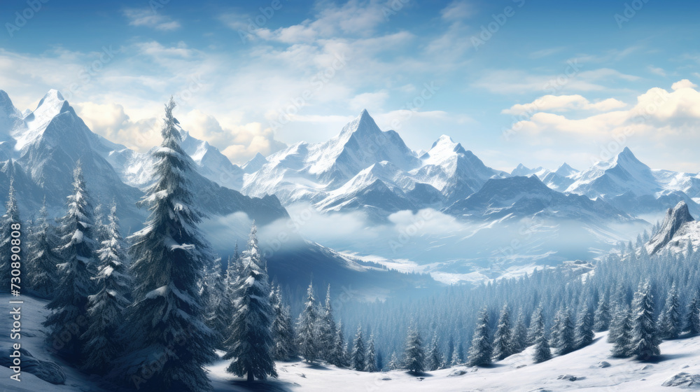 Snowy Mountain Landscape with Pine Trees