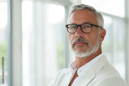 Suave Businessman with Grey Hair and Glasses in Modern White Shirt