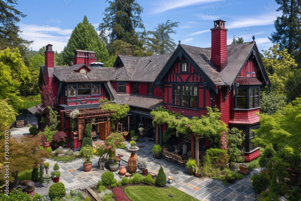 Eagle view of a craftsman house in a rich garnet red, with a backyard featuring a Renaissance fair theme and a jousting arena.