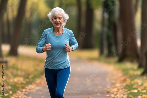 An elderly woman in blue sportswear runs through the autumn park. Healthy lifestyle.