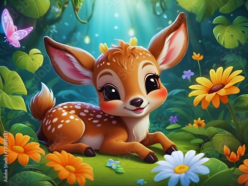 Whimsical Meadow Nap: Cute Tiny Deer Resting Amidst Flowers -Nursery Decorations, Whimsical Meadow Nap: Cute Tiny Deer Resting Amidst Flowers - Nursery Decor, Cute baby animal wallpapers