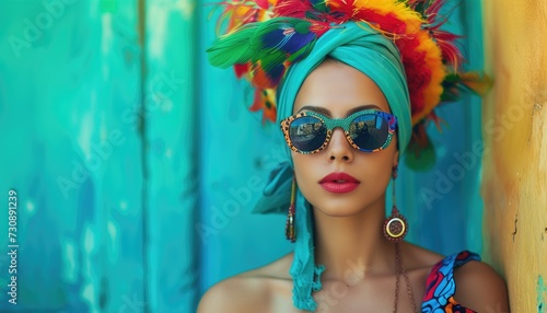 Portrait of a beautiful hipster woman in a colorful headdress and sunglasses at carnival