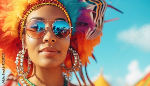 beautiful hipster woman in a colorful headdress and sunglasses at carnival