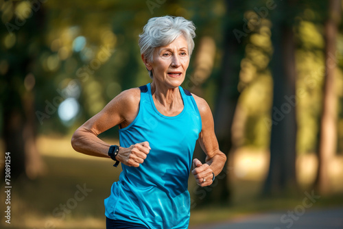 An elderly woman with short grey hair in blue sportswear runs a marathon. Healthy lifestyle.