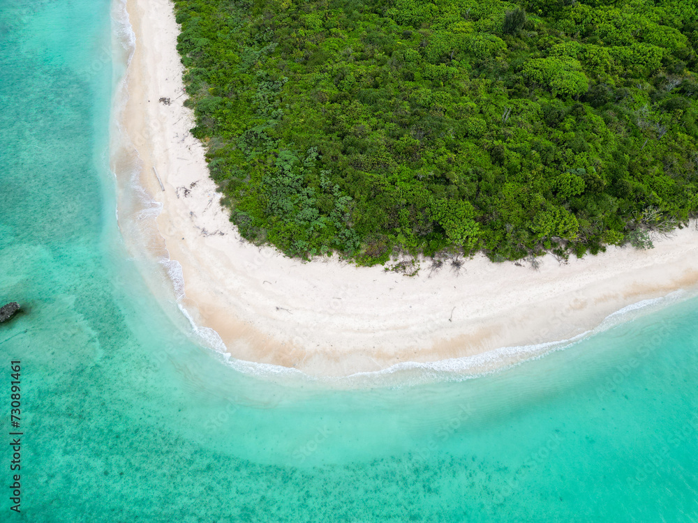 波照間島で波照間ブルーと呼ばれる美しいエメラルドグリーンの海と隣接する白い砂浜および緑豊かな島の風景