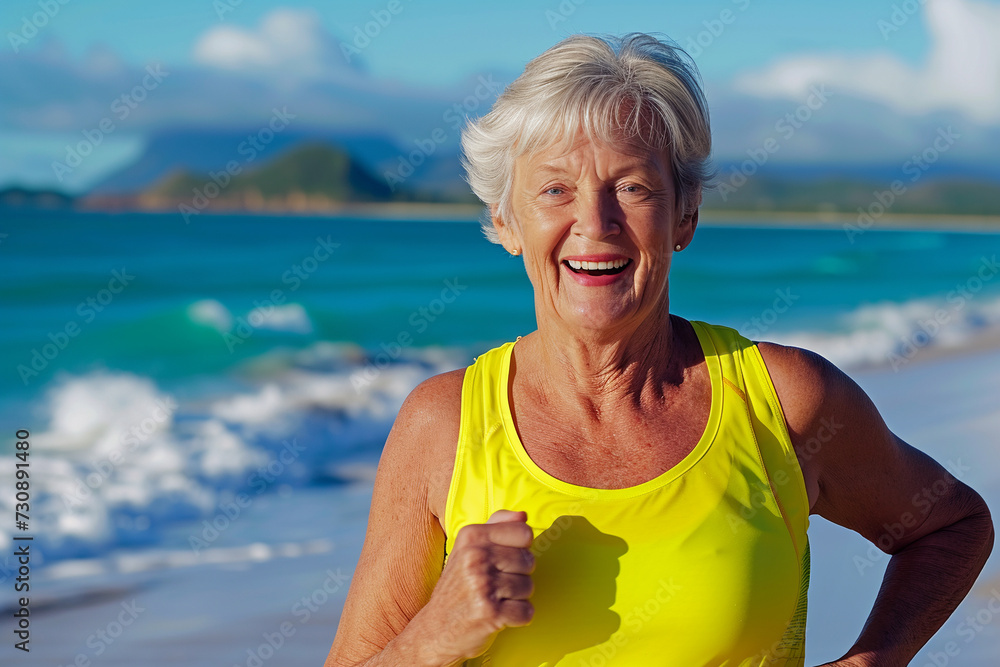 An elderly woman in a yellow T-shirt is running along the ocean beach. Healthy lifestyle. An elderly woman in a yellow T-shirt is running along the ocean beach. Healthy lifestyle.