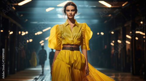 World of fashion. Model in a fashionable yellow outfit on the catwalk