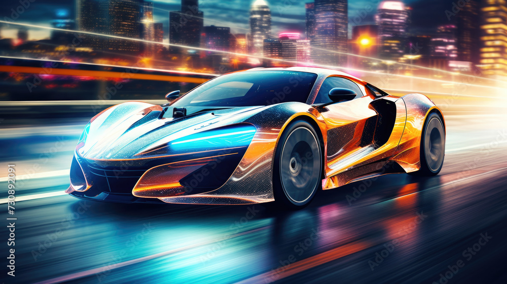 Sports Car Driving on City Street at Night Sports Car Driving on City Street at Night