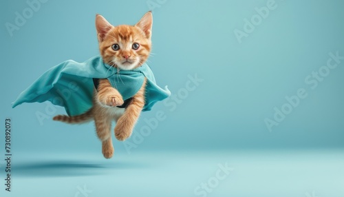 superhero cat with a blue cloak and mask jumping