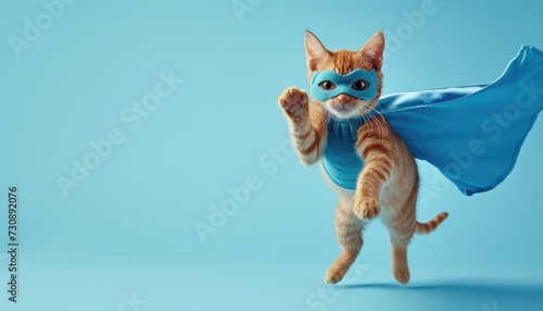 superhero cat with a blue cloak and mask jumping