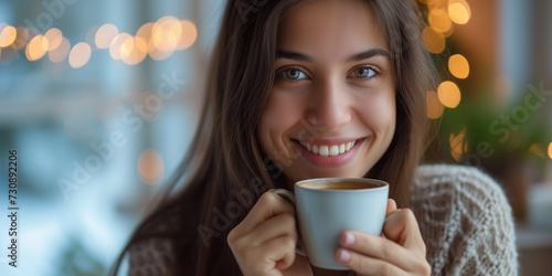 Beautiful woman smiling and hold a mug of hot drink coffee or tea with morning light cozy feeling on a winterday bokeh photo