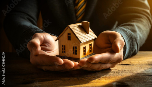 Closeup of the cupped hands of a real estate agent holding a small wooden model house on a wooden desk. Generative Ai.