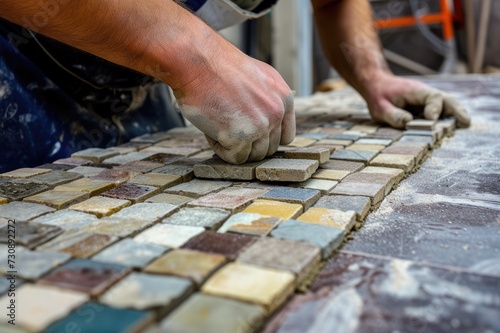 Tile Workmanship, close-Up of a Skilled Tiler Installing Intricate Mosaic Tiles