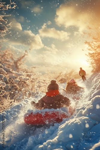  winter scene with children sledding