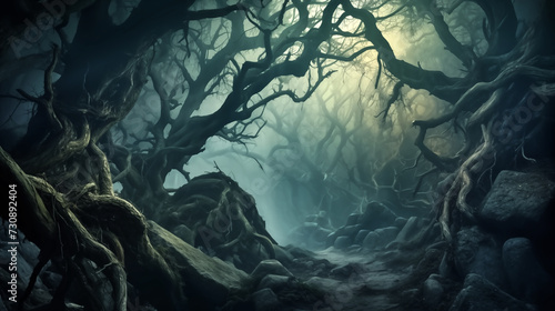 Horror fantasy mystical foggy forest, where ancient trees reach photo