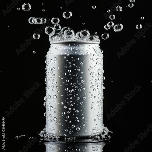 white aluminum can in soda bubbles