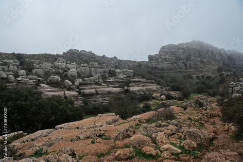 Picturesque view of a famous natural park El Torcal de Antequera near Málaga, Andalusia, Spain. Rocks in interesting shapes. Impressive karst landscapes."Tornillo" screw rock formation.