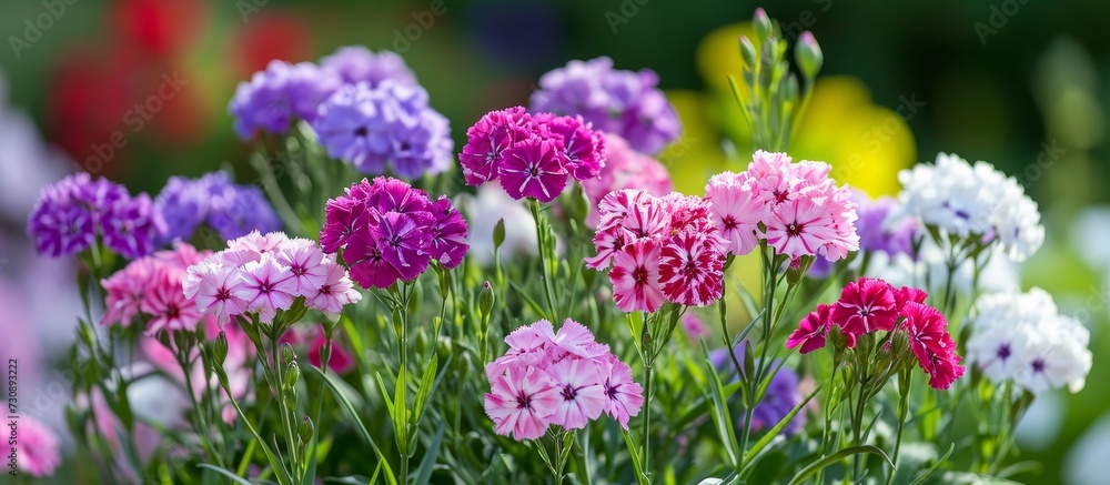 Sweet William flowers in pink, purple, and white hues, growing vertically on a Dianthus Barbatus bed.