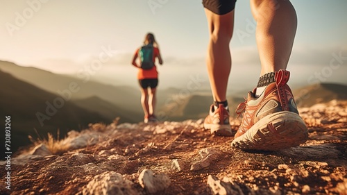 close-up of the legs of men and women in sports shoes for sports and travel walking along a forest path in the mountains in summer. perspective with an emphasis on hiking shoes. active lifestyle