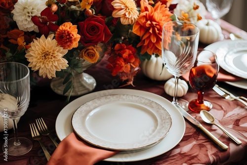 Elegant fall-themed table setup featuring charming plates  polished cutlery  sparkling glasses  assorted pumpkins  and a carefully curated selection of autumn flowers in a flat lay