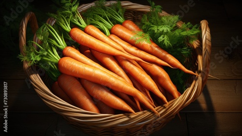 Fresh carrots in a wicker basket. Organic carrots in a wicker basket under dark studio lighting close-up. Orange carrot harvest. Vegetable sale banner.