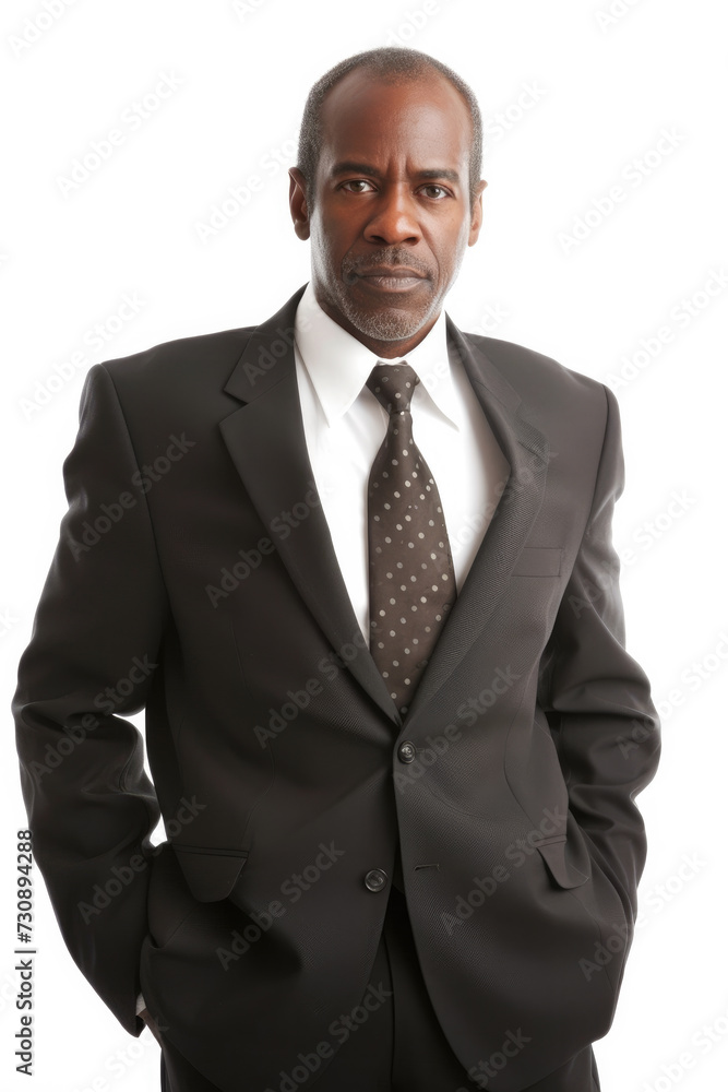 Imposing African American Businessman in Elegant Black Suit on a Plain White Background Imposing African American Businessman in Elegant Black Suit on a Plain White Background
