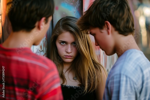 Teenage Girl Defiantly Staring Down Peer Pressure from Boys - A Powerful Image for Themes of Adolescence  Bullying  and Confidence