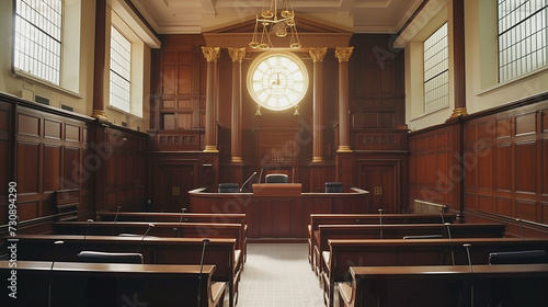 An image of a courtroom that is a symbol of fairness. A symbol of judicial/legislative procedures and justice. photo
