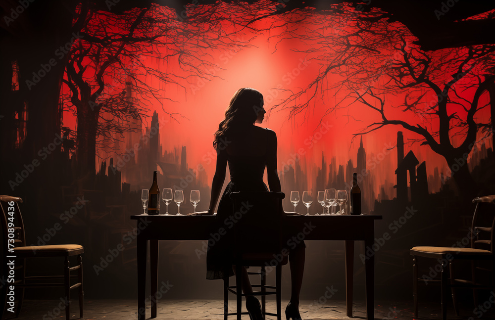 Obraz premium A woman's silhouette against a surreal backdrop, with wine glasses lined on a table, invoking a sense of mystery and anticipation. 