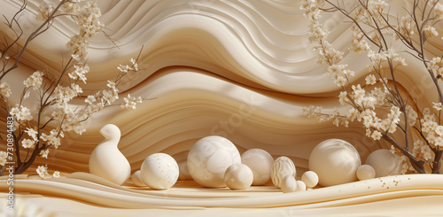 Easter wallpaper, abstract scene with beige colored paper background, in the style of rendered 3d, spherical sculptures, warm color palette , flowing forms. 