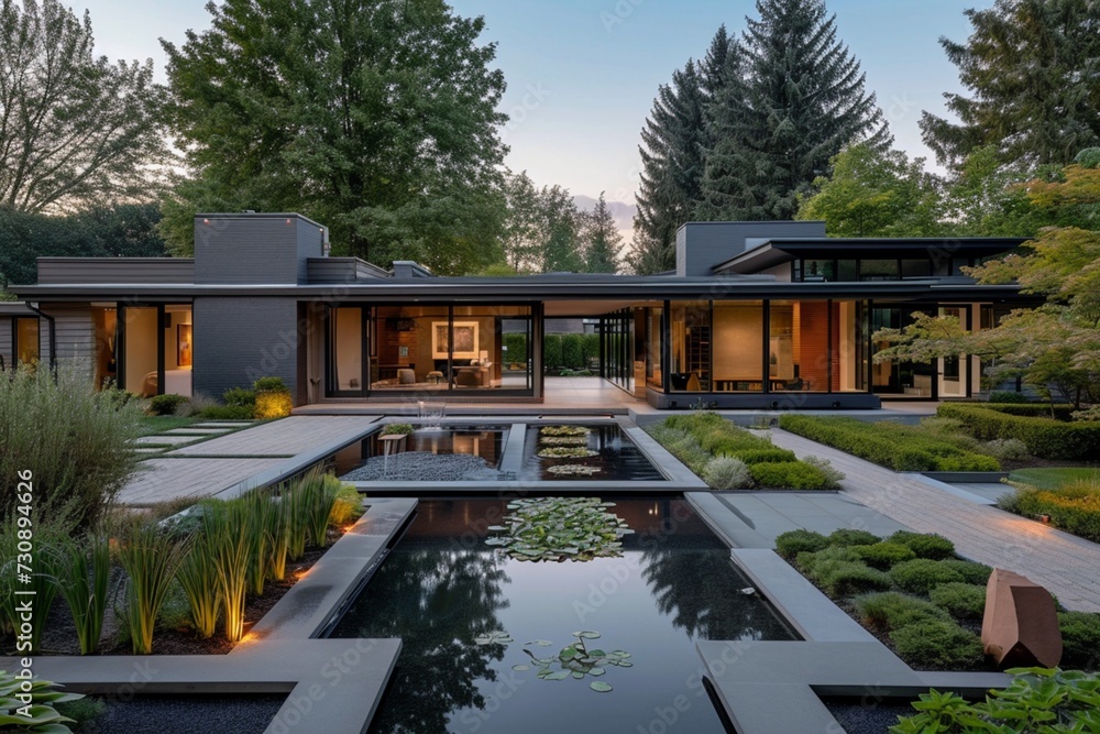 Eagle view of a craftsman house in a cool ice grey, with a backyard featuring a minimalist modern art gallery and a geometric water garden.