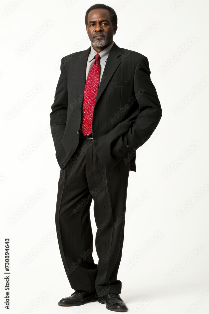 Commanding African American Businessman in Classic Black Suit on a Plain White Background
Commanding African American Businessman in Classic Black Suit on a Plain White Background