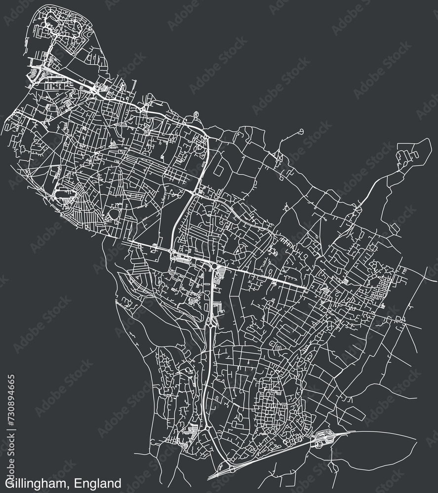 Obraz premium Detailed hand-drawn navigational urban street roads map of the United Kingdom city township of GILLINGHAM, ENGLAND with vivid road lines and name tag on solid background