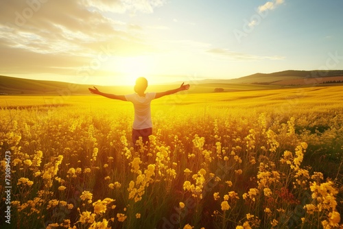 Joyful Individual Embracing Nature in a Blooming Canola Field at Sunset, Signifying Happiness and Freedom