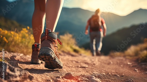 close-up of the legs of men and women in sports shoes for sports and travel walking along a forest path in the mountains in summer. perspective with an emphasis on hiking shoes. active lifestyle © yana136