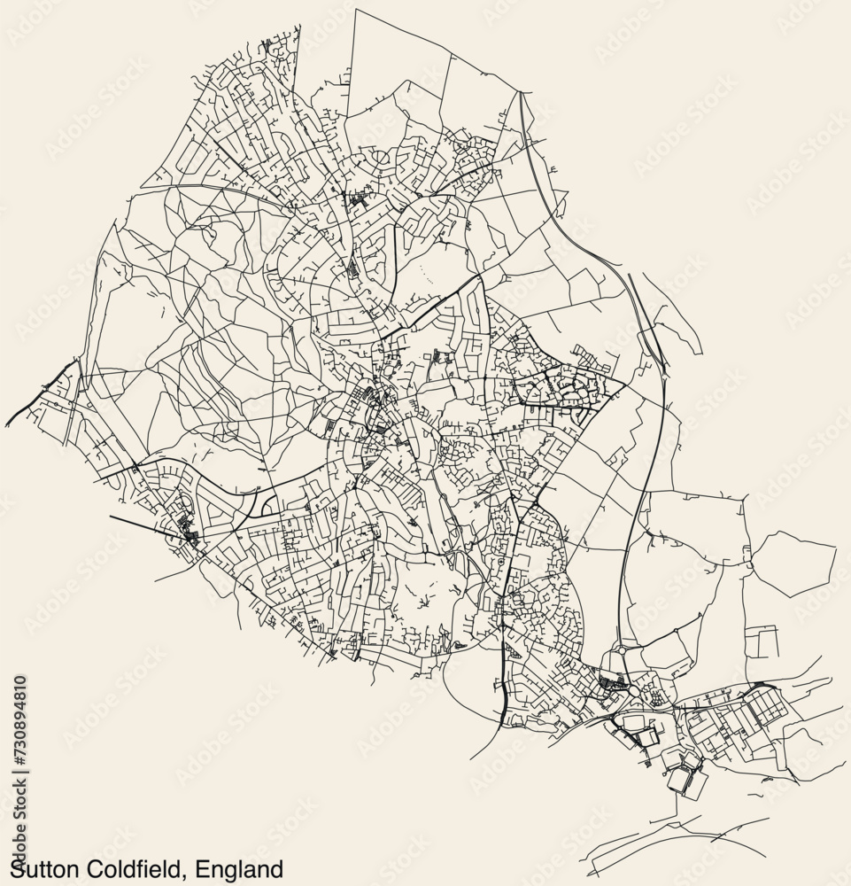 Naklejka premium Detailed hand-drawn navigational urban street roads map of the United Kingdom city township of SUTTON COLDFIELD, ENGLAND with vivid road lines and name tag on solid background