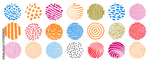 Hand drawn vector pattern icon set. Abstract line patterns. Modern round icons. Textured highlight collection. Contemporary scribbles, concentric circles, kids lines, strips, stripes, waves and curves