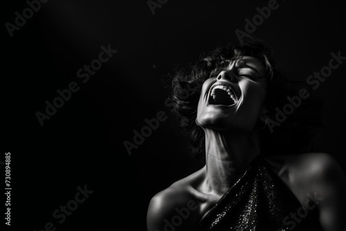 Woman Singing in a Dramatic Black and White Portrait