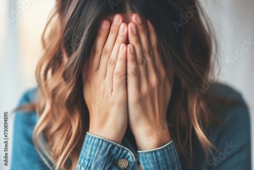 Woman Covering Her Face with Hands, Signifying Overwhelm, Stress, or Despair in Soft Focus